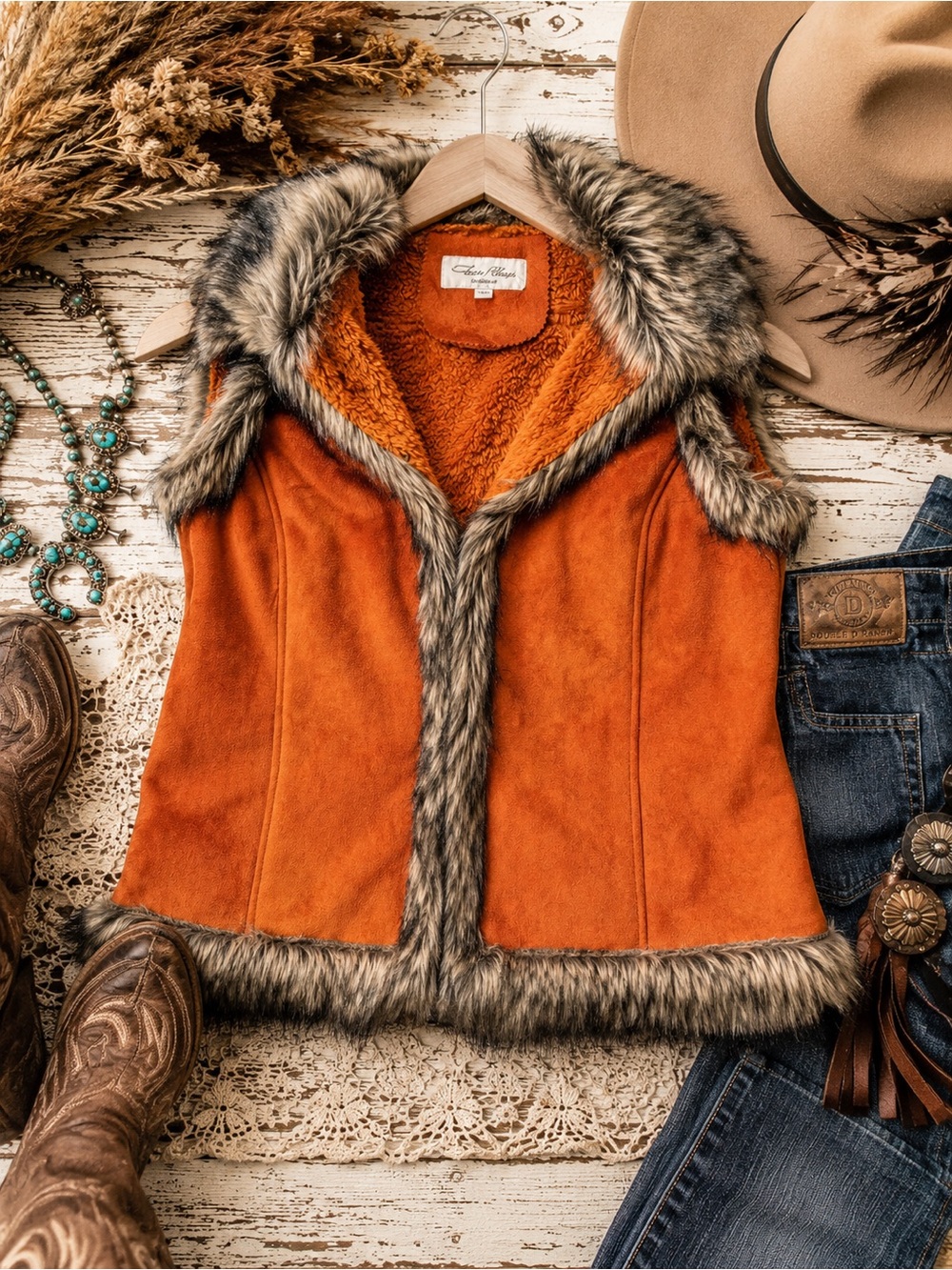 Tasha Polizzi Rust Orange Faux Suede Western Vest Size Large (x)